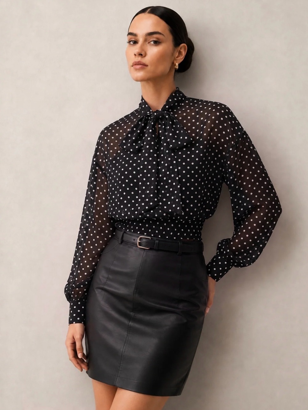 Commense Black Polka Dot Bow-Tie Blouse